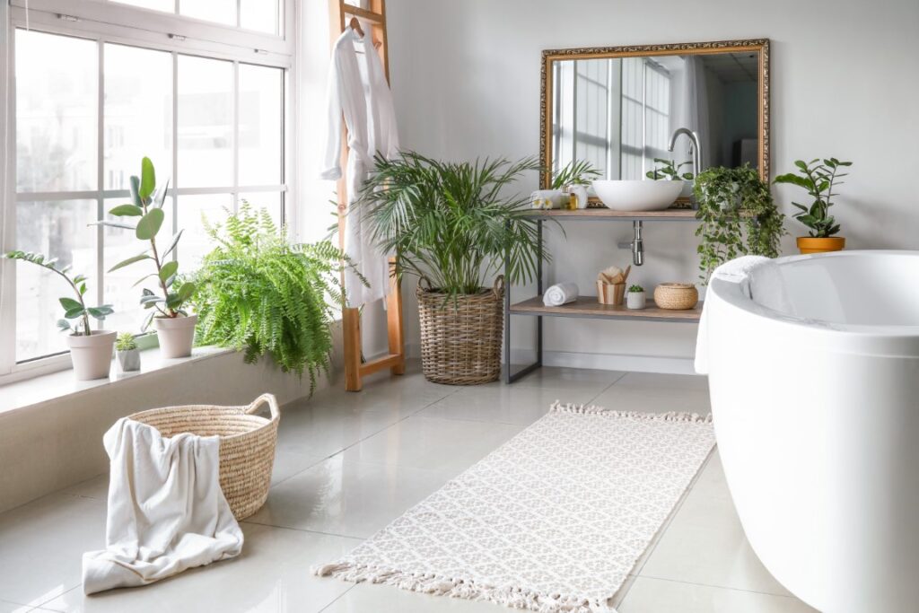 Salle de bain décorée de plantes