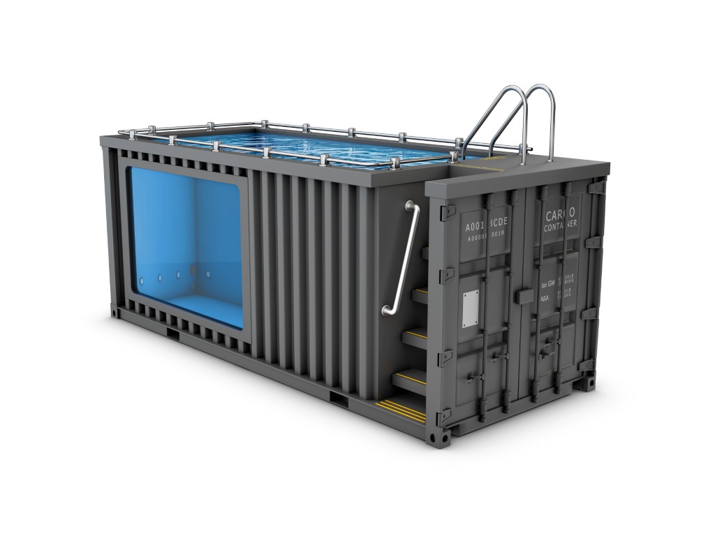 Vue en 3D d'un container transformé en piscine