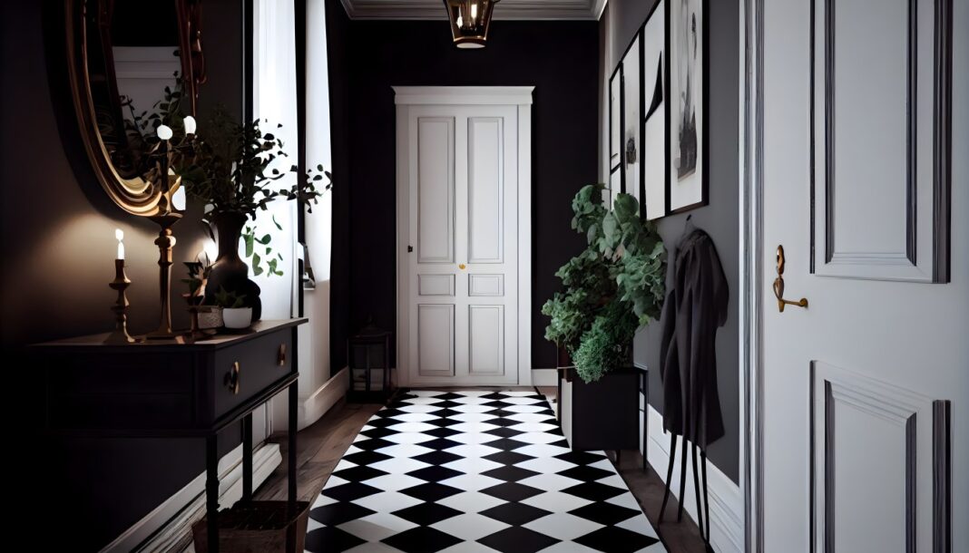 Couloir peint en noir, blanc et gris