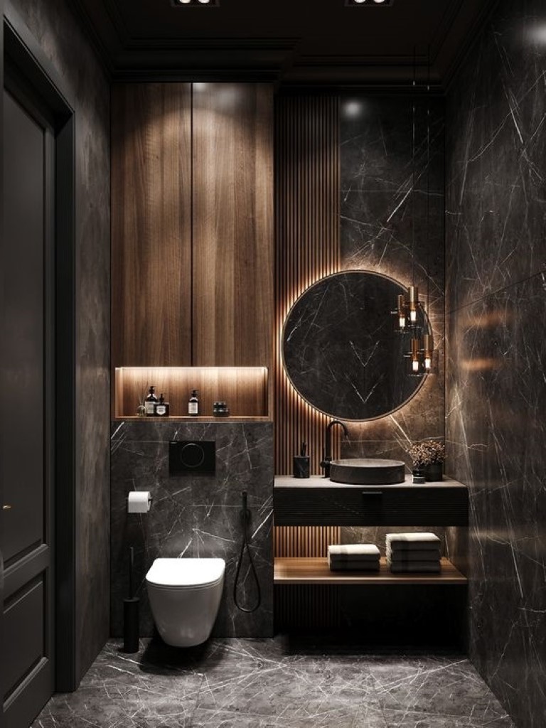 Des WC noir et bois d'inspiration chic et moderne
