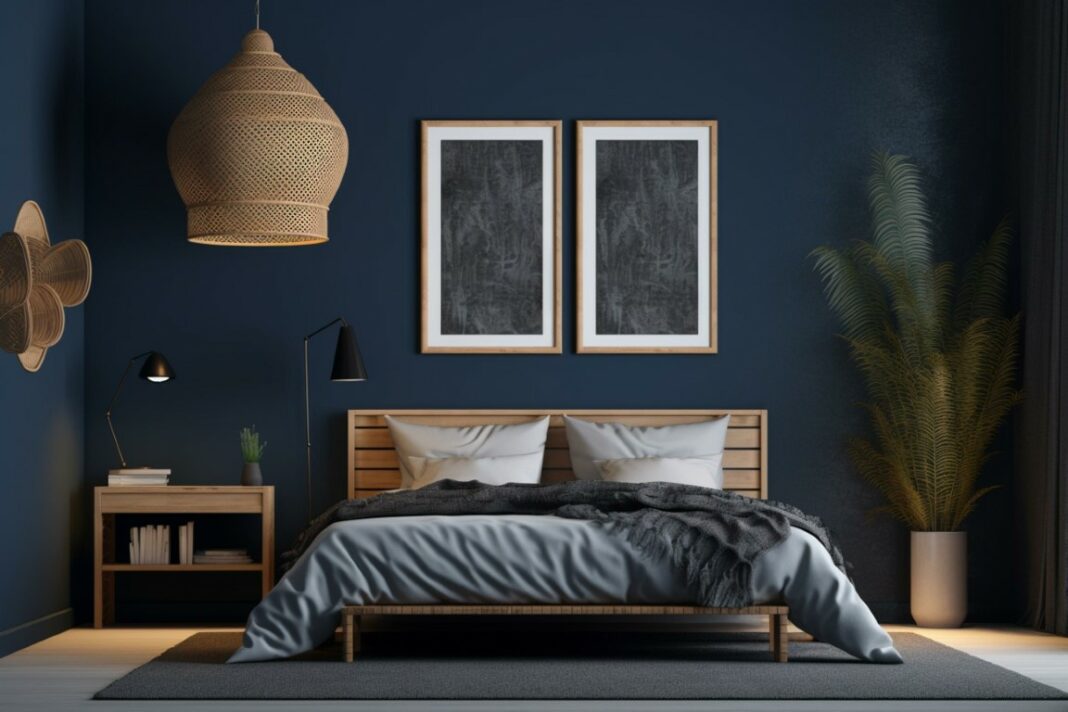 Une décoration de chambre en bleu nuit et bois