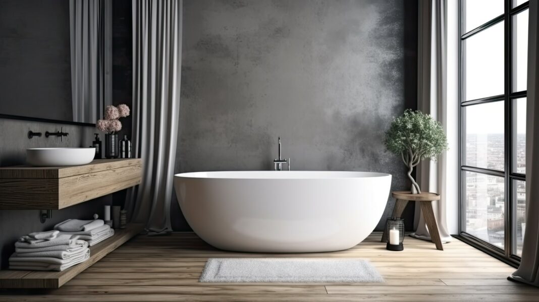 Salle de bain épurée en gris et bois